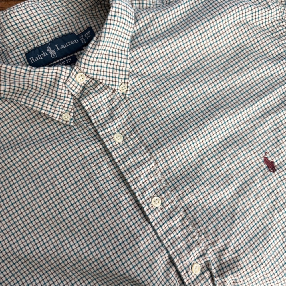 Ralph Lauren Mens 2XB Big Classic Fit Plaid Button Down Shirt Green Brown White